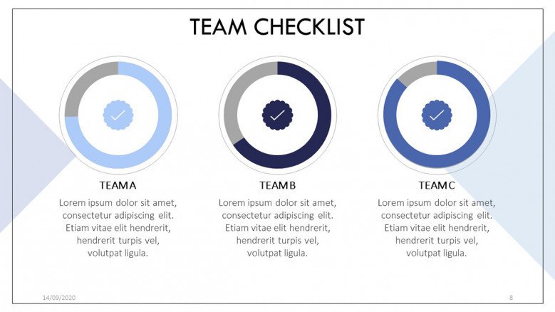 Team checklist slide with circle charts