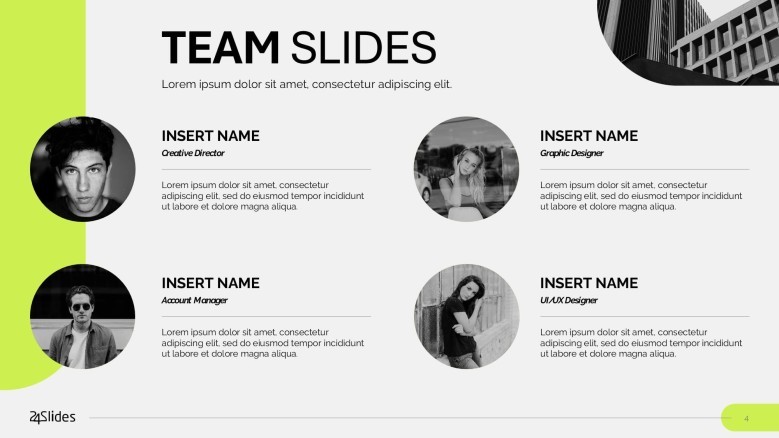 team slide presentation for profile in four squares