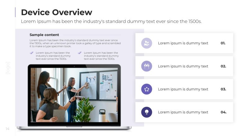 corporate device overview target with texts and icons