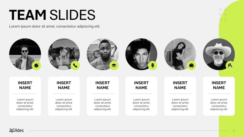 team slide presentation for profile in six squared icons