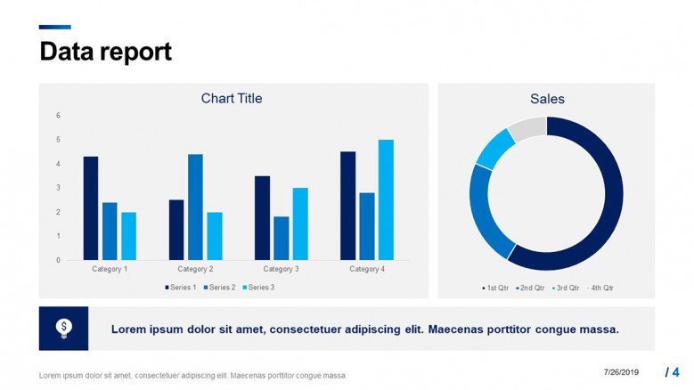 Data report slide with column bars and doughnut chart in corporate style