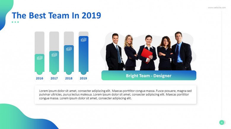 'The Best Team' congratulatory slide with data driven yearly statistics bar chart and team picture