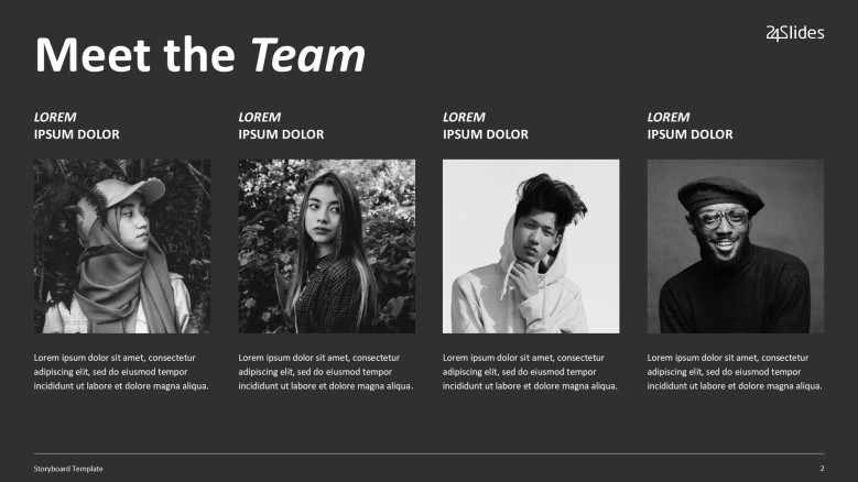 Meet the team slide for an Storyboard Agency Presentation