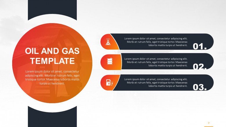 Creative three-points list with oil and gas related icons in colors orange and blue