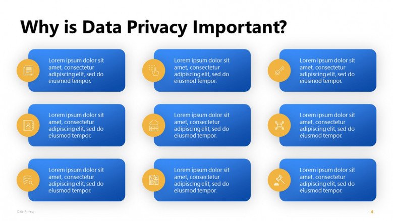 Importance of Data Privacy PowerPoint Slide with nine blue boxes