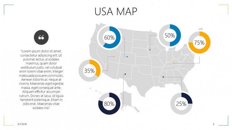 USA map highlighted areas with data driven percentage in circle chart