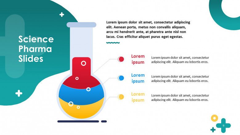 science pharmaceutical key factors in bulletpoints with illustration of chemical flask