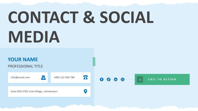 A Contact and Social Media slide for a creative professional, displaying contact details, social links, and a call to action on a light blue background.