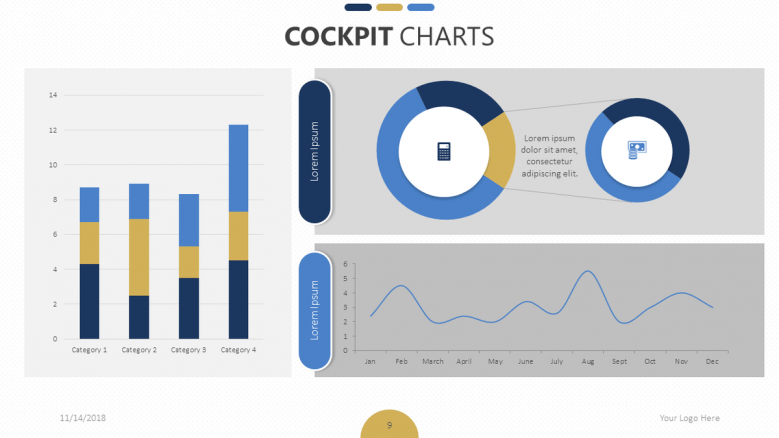 corporate presentation in vertical bar chart, pie chart, and line chart