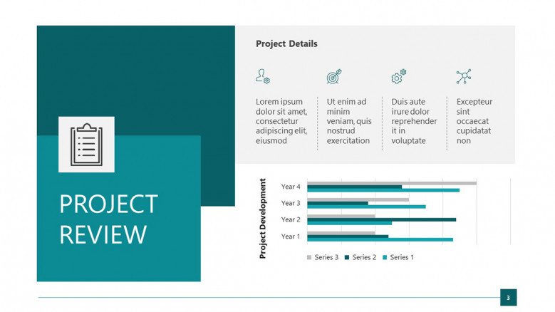 Free Project review slide with bar charts and business icons