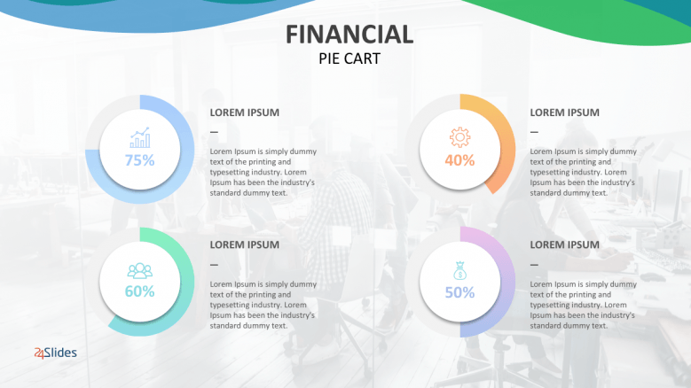 Colorful financial pie chart with four sections of text