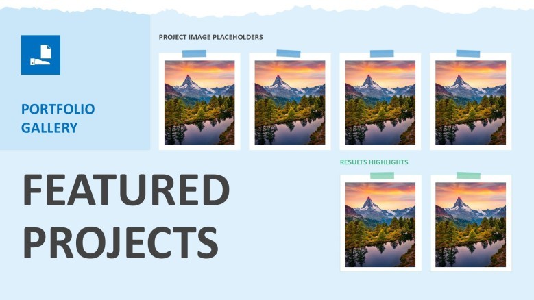 A Featured Projects gallery slide for a creative portfolio, showcasing a grid of image placeholders to display visual work samples and project results.