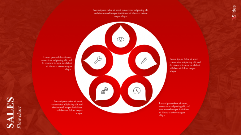 Red color sales flow chart with 5 icons