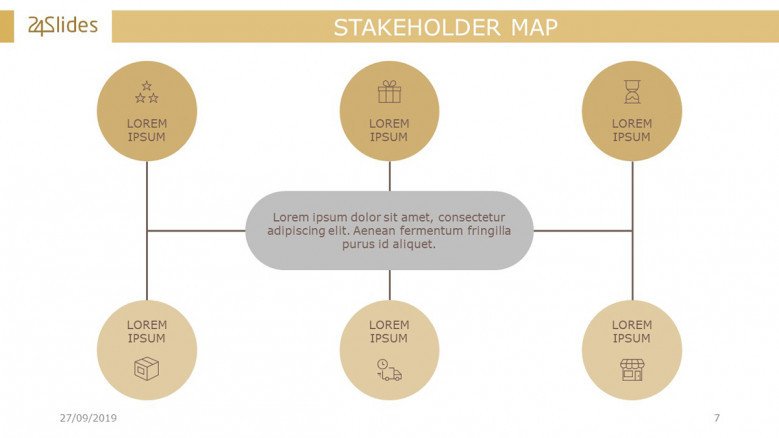 Stakeholder Map Diagram with six circles around the title and icons