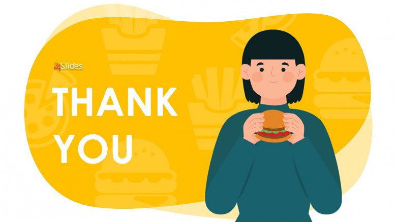Yellow Thank You Slide with illustration of a person eating a hamburger