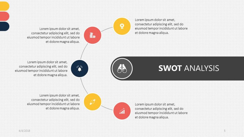 5 section text and icons SWOT analysis slide