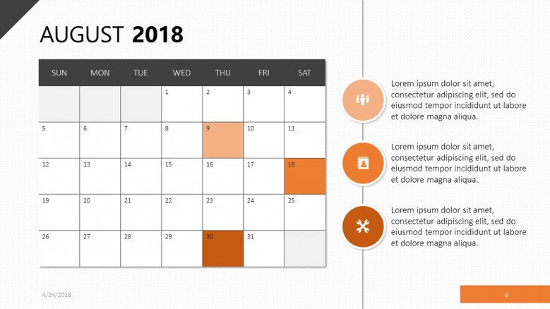 Calendar for August 2018 in orange theme