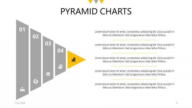 five steps pyramid chart slide with text