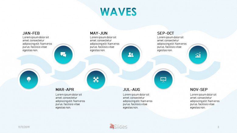 Curved bimonthly timeline with six sections and icons