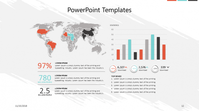 corporate presentation slide with world map and vertical bar graphs