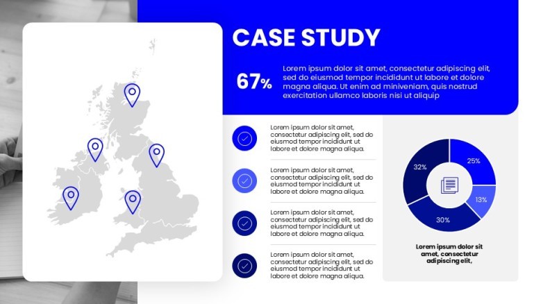 Client Case Study Slide with gray world map and blue data-driven pie chart in corporate style