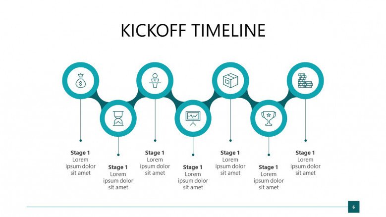 Blue Project Kickoff PowerPoint Timeline in zigzag