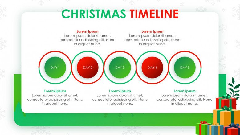 Playful five-stage Christmas Timeline in red and green