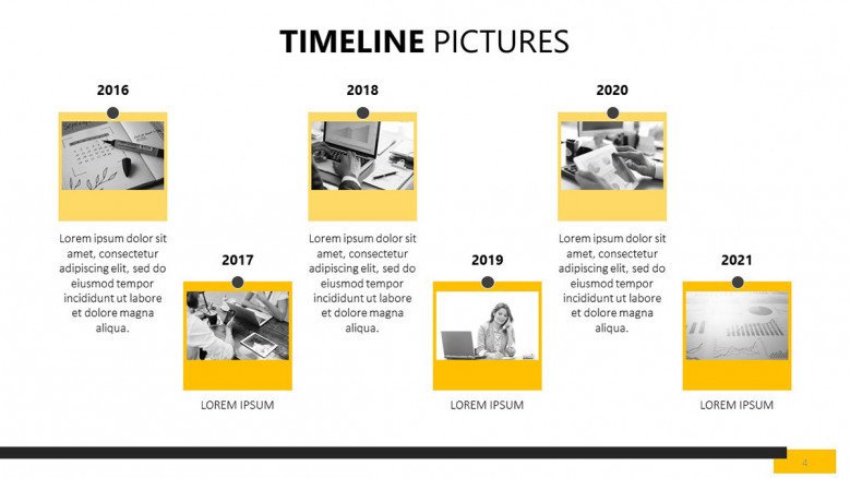 yearly timeline picture slide with comment box