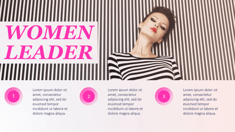 Woman in stripes background and shirt with 3 section texts