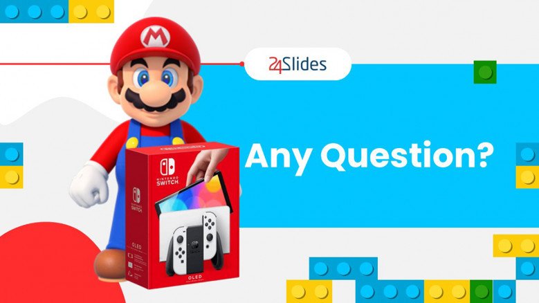 Any Questions PowerPoint Slide with a Mario Bros figure and Nintendo console image