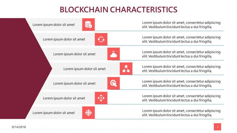 block chain data characteristic slide with text and icons