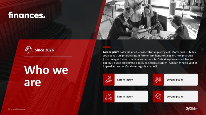 business profile 'who we are' slide with text and icons