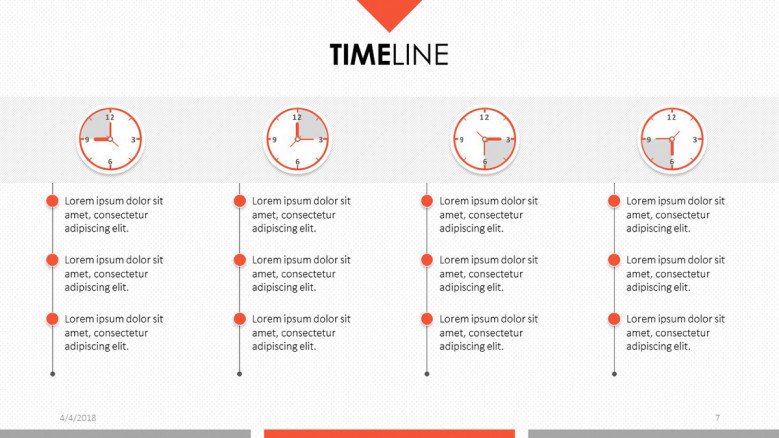 4 section text timeline with clock and time