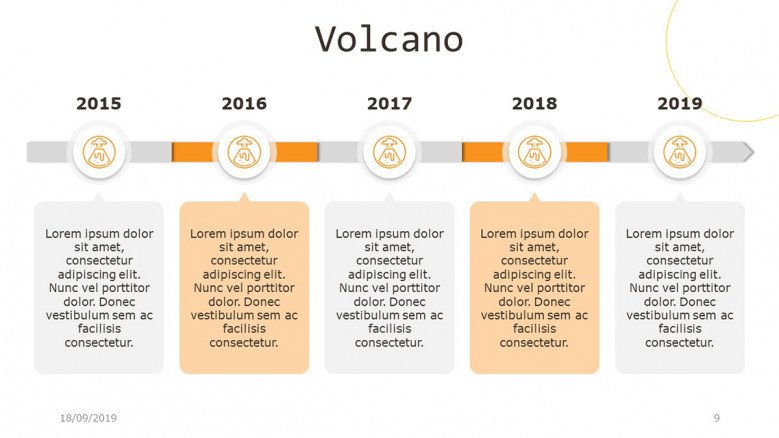 Horizontal five-stages timeline with volcano flat icons