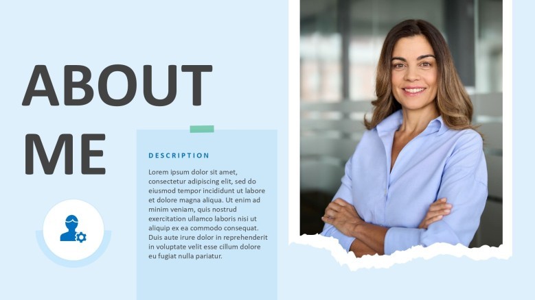 A creative freelancer About Me presentation slide featuring massive typography, a torn paper edge effect, and a professional headshot.