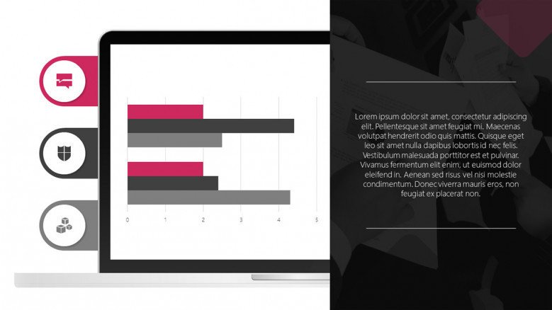 Executive dashboard template with circle text points and bar graph