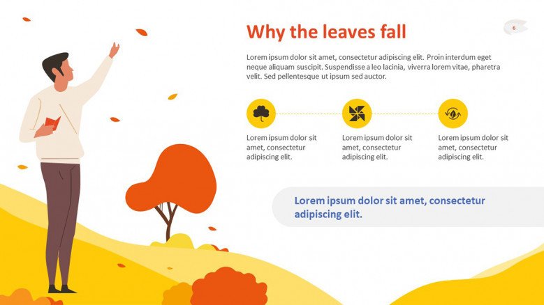 Yellow and orange text slide with icons and an autumnal forest as background
