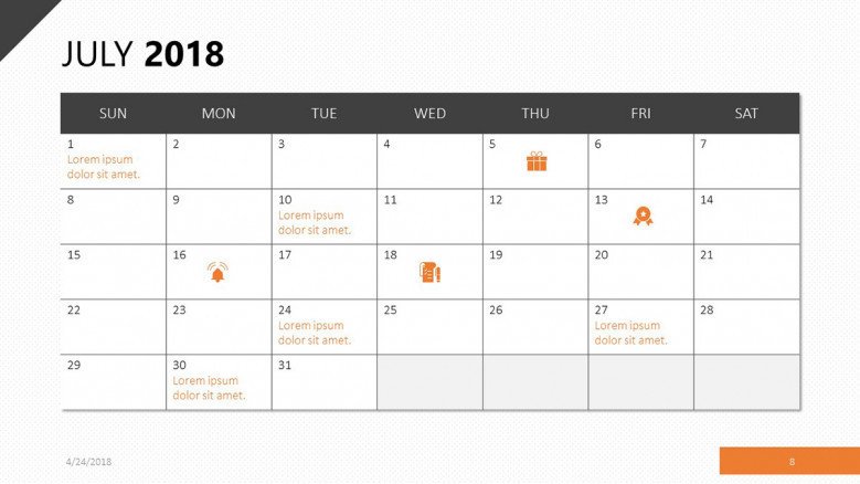 July 2018 calendar in orange theme