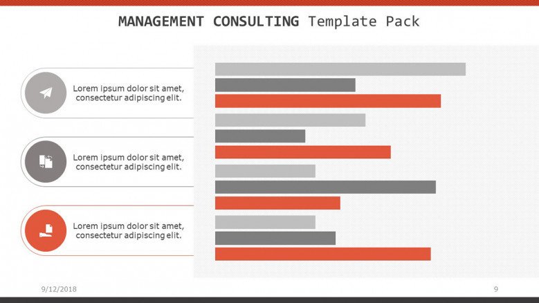 management consulting slide with bar chart and three segmented text