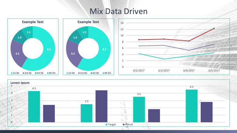 mix data driven slide in pie chart, line chart, and bar chart for corporate data presentation