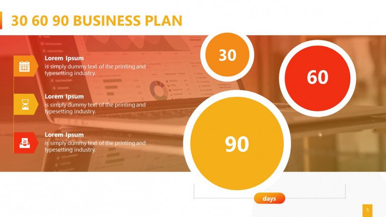 Creative list slide for a 30 60 90 Business Plan Presentation