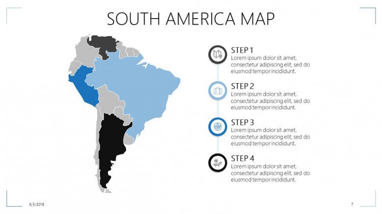 South america map in process slide with four steps