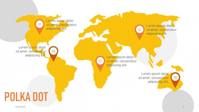 Dotted world map slide with orange map pointers