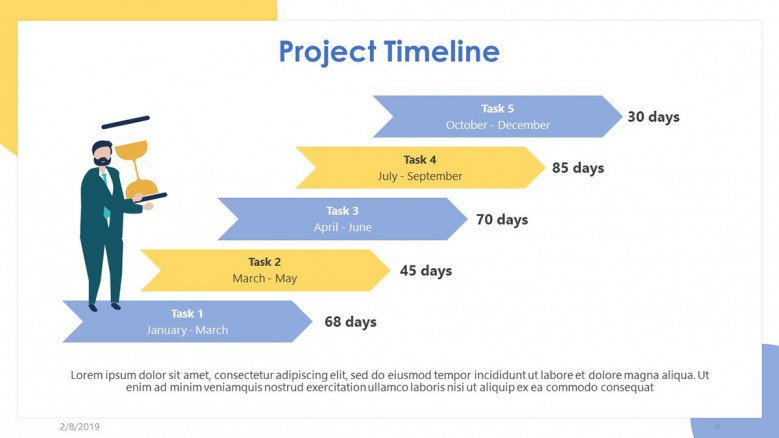 project timeline slide with five steps in stair chart