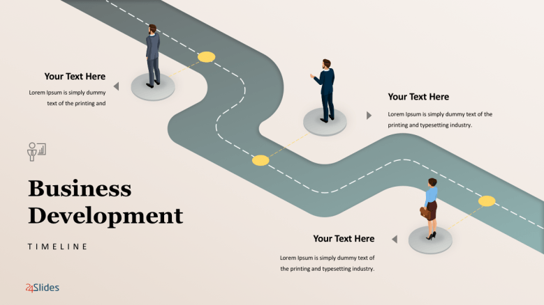 Business development timeline slide with cartoon icon