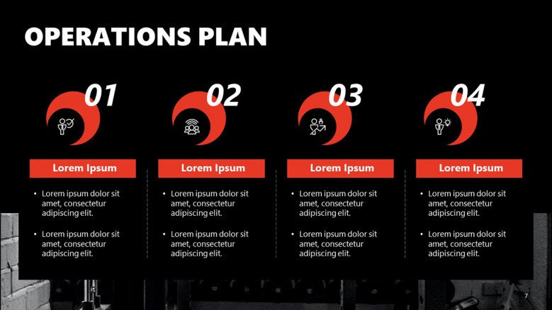 4-step PowerPoint slide for a Gym Business Operations Plan