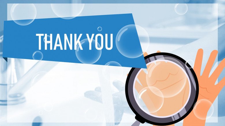 Blue thank you slide featuring soap bubles and hands illustration