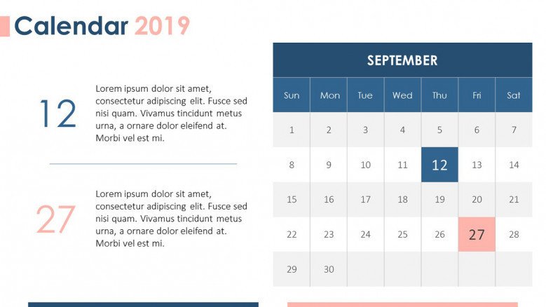 2019 calendar in September with daily plan description