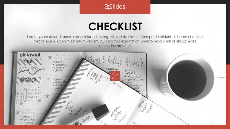 checklist on notes with pen and cup