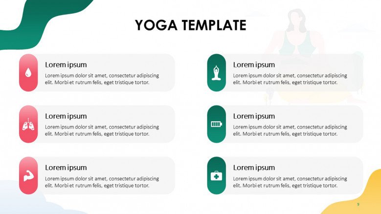List of yoga benefits with colorful icons